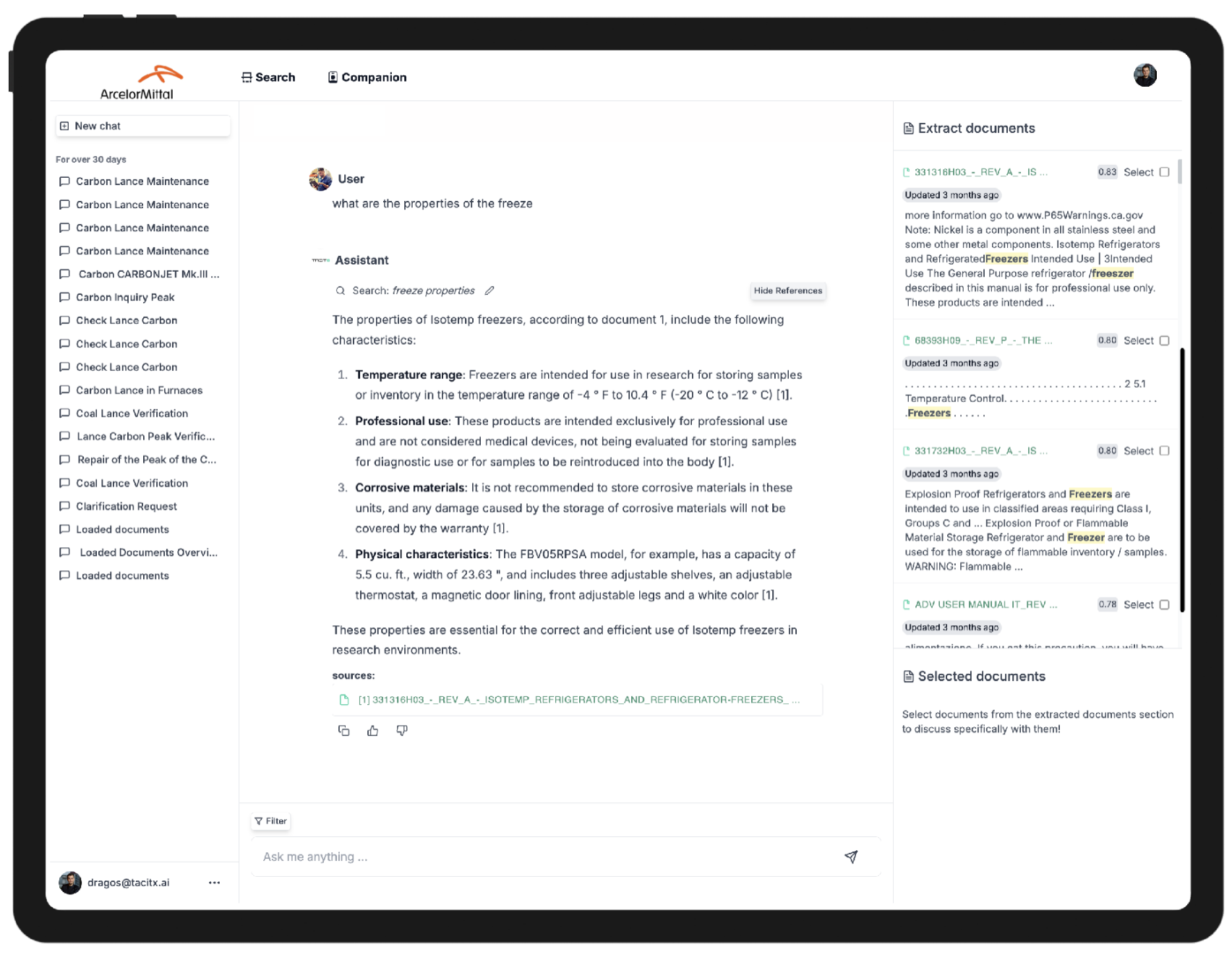 Tacit AI Platform showing steel mill documentation and procedures