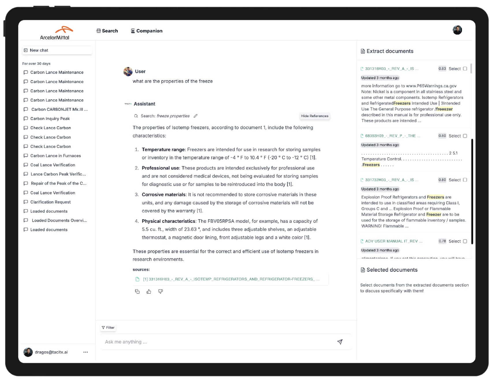 Tacit AI Platform showing steel mill documentation and procedures