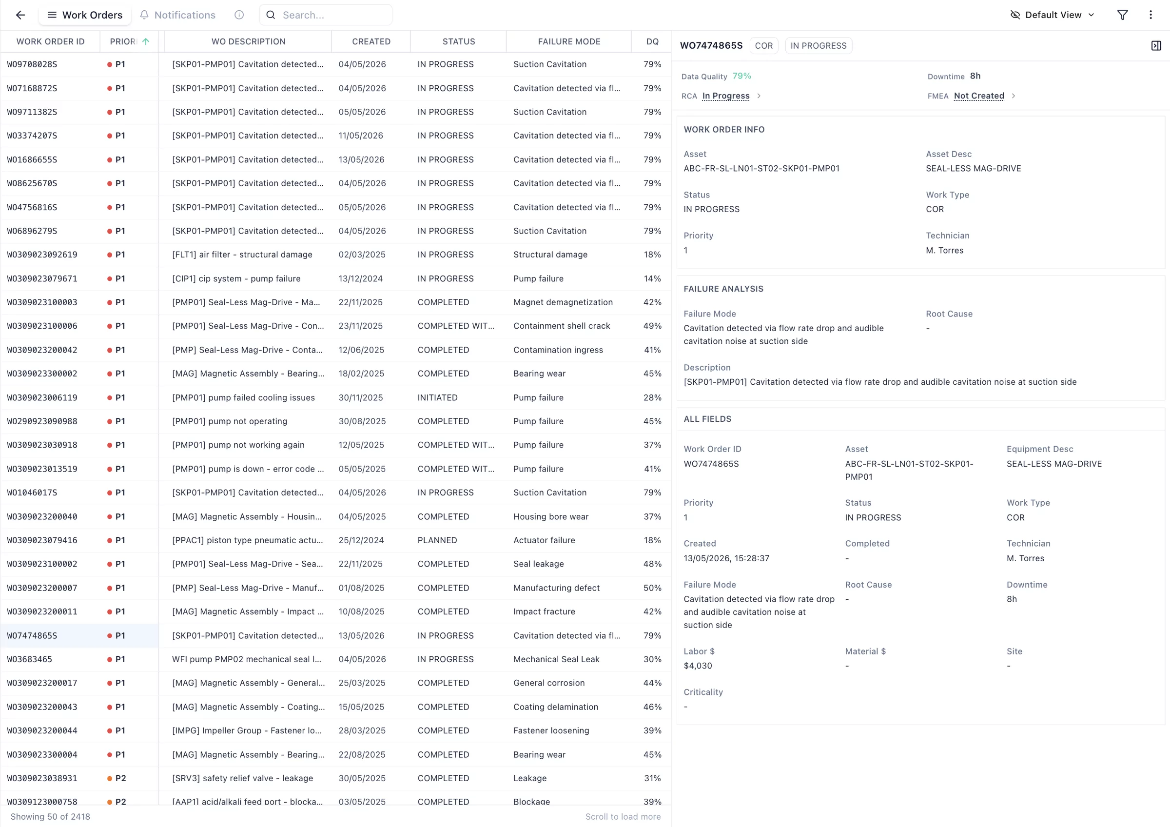 Tacit AI work order view linking failure reports to FMECA rows