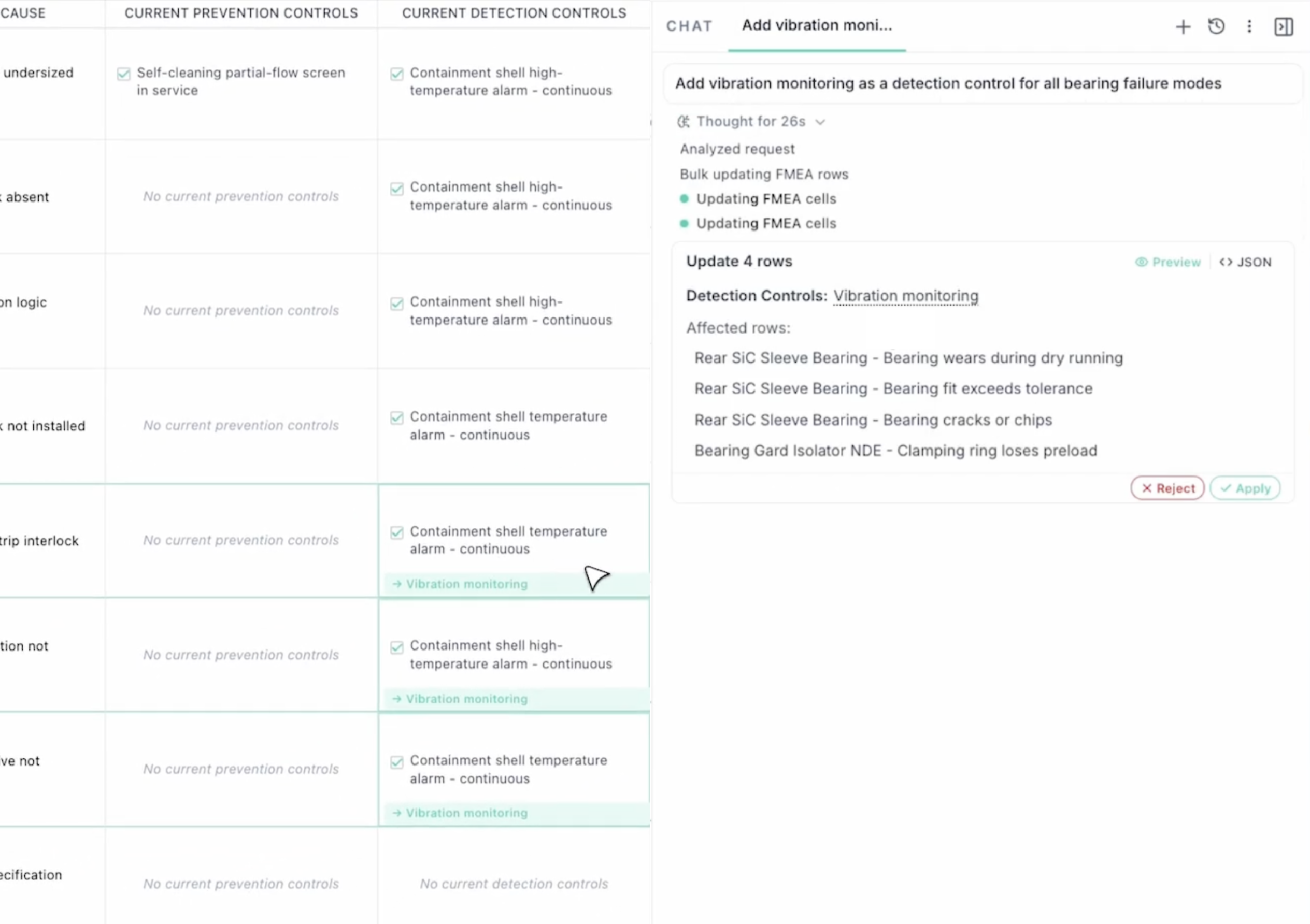 AI companion chat proposing detection control updates with approve and reject workflow