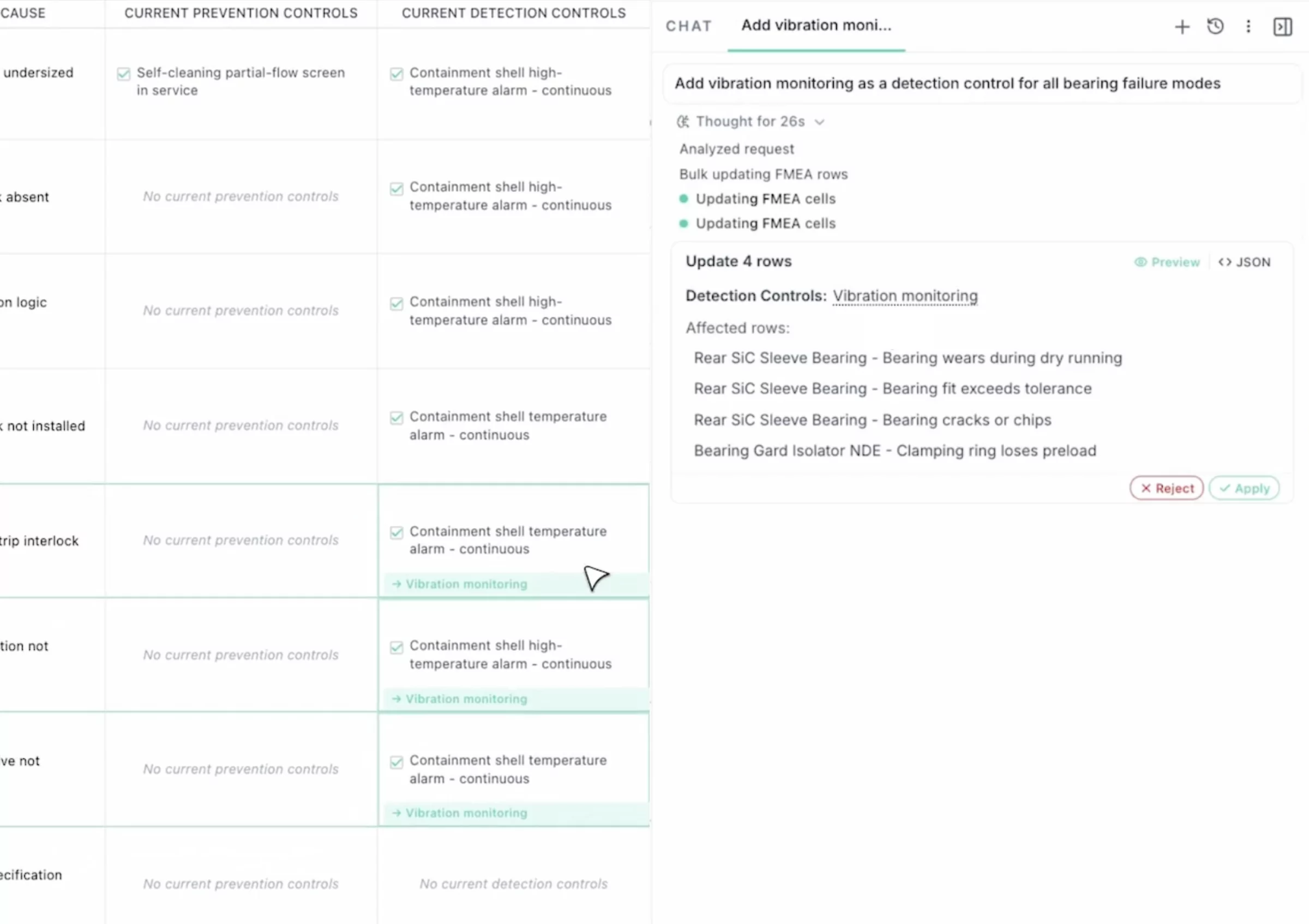 AI companion chat proposing detection control updates with approve and reject workflow